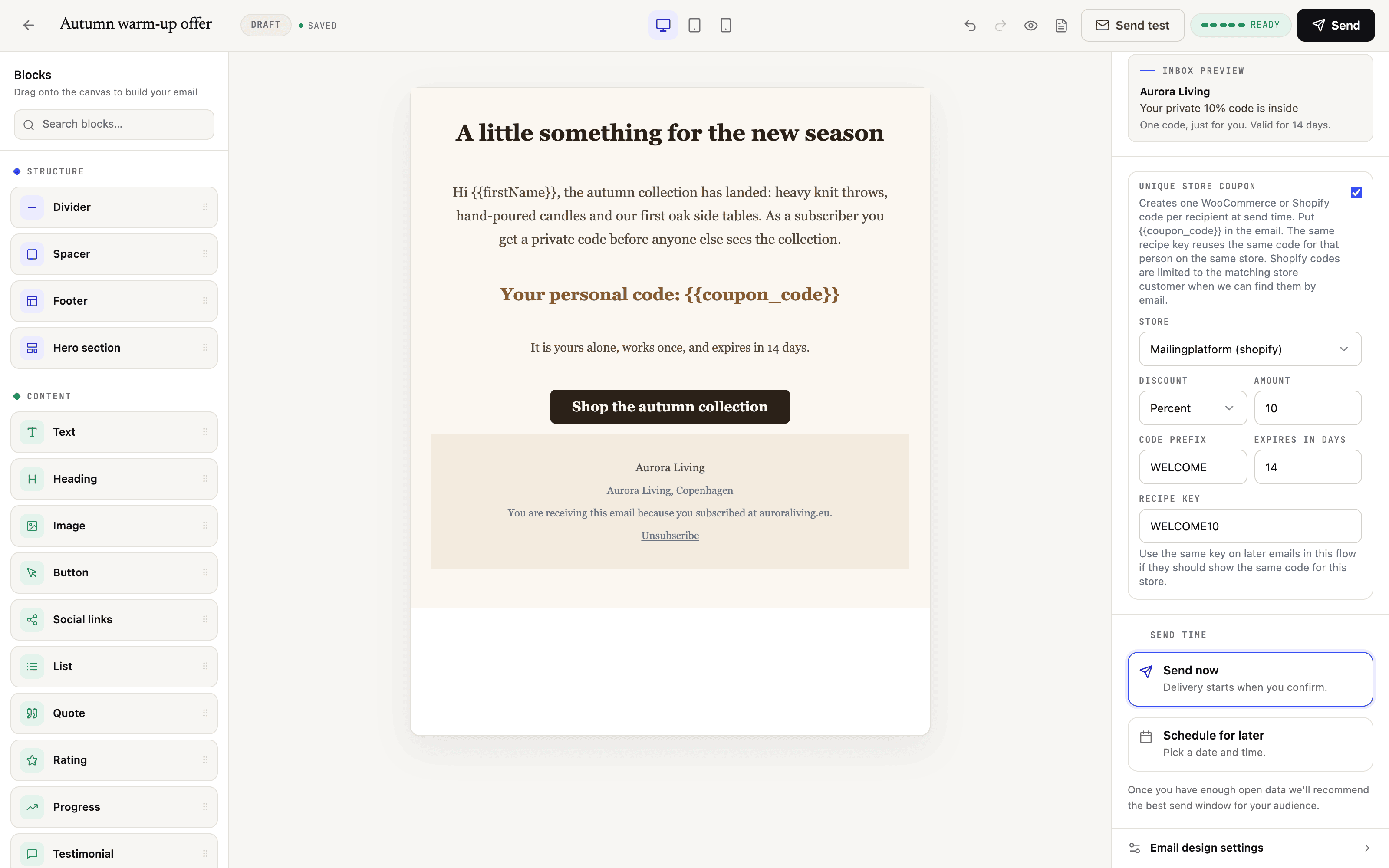 Campaign editor with the unique store coupon panel enabled: Shopify store selected, 10 percent discount, WELCOME code prefix, 14 day expiry and a recipe key, with the coupon_code merge tag visible in the email