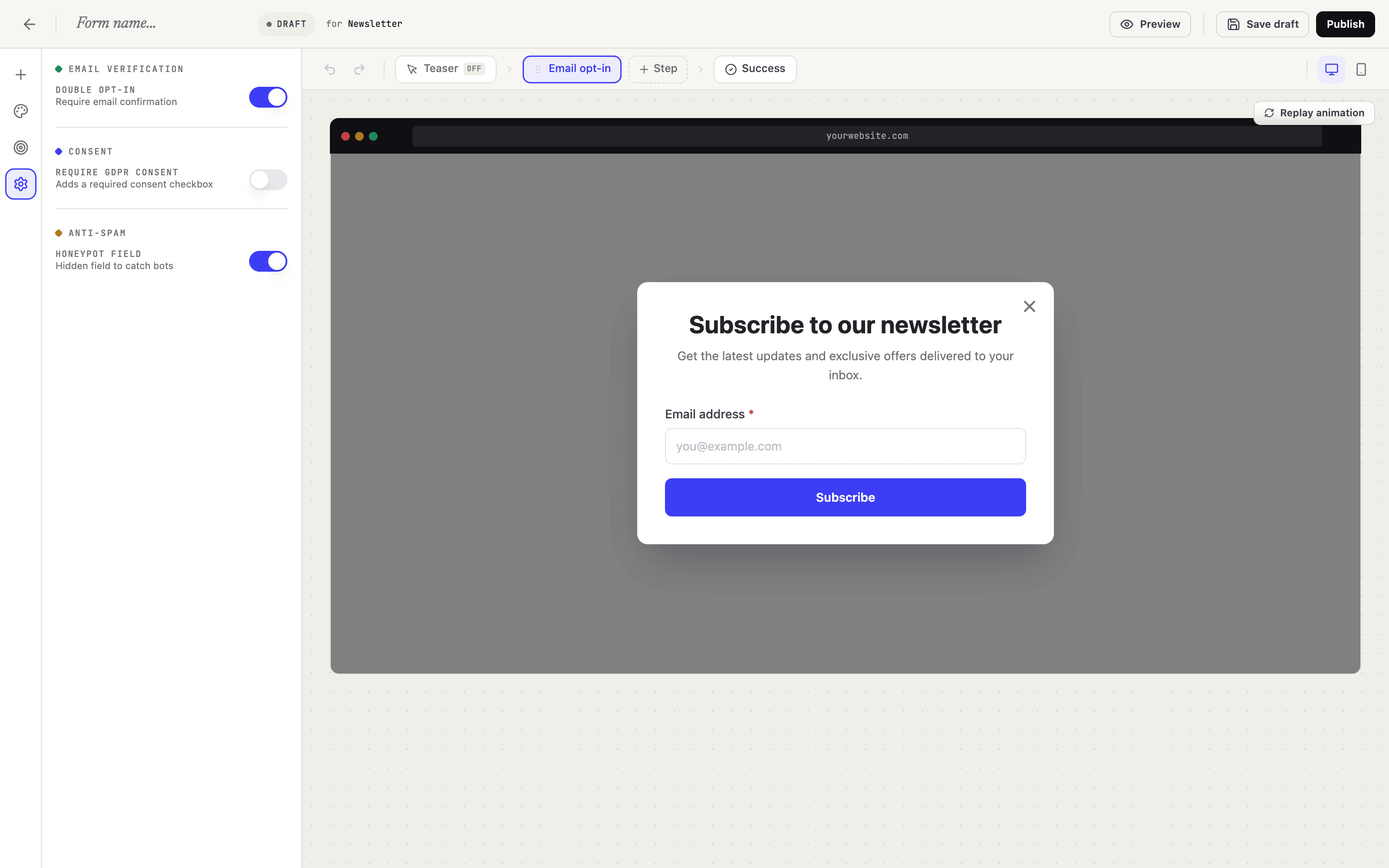 Signup form builder with the settings panel open, showing the double opt-in toggle enabled under email verification, next to GDPR consent and honeypot anti-spam settings