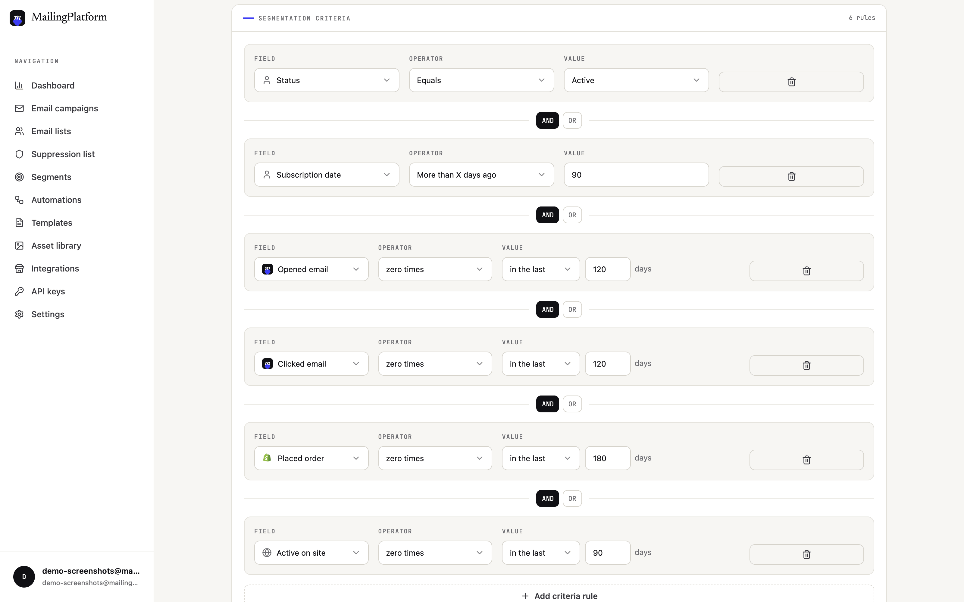 Segment builder in MailingPlatform showing six AND rules: status equals active, subscription date more than 90 days ago, opened email zero times in the last 120 days, clicked email zero times in the last 120 days, placed order zero times in the last 180 days, and active on site zero times in the last 90 days