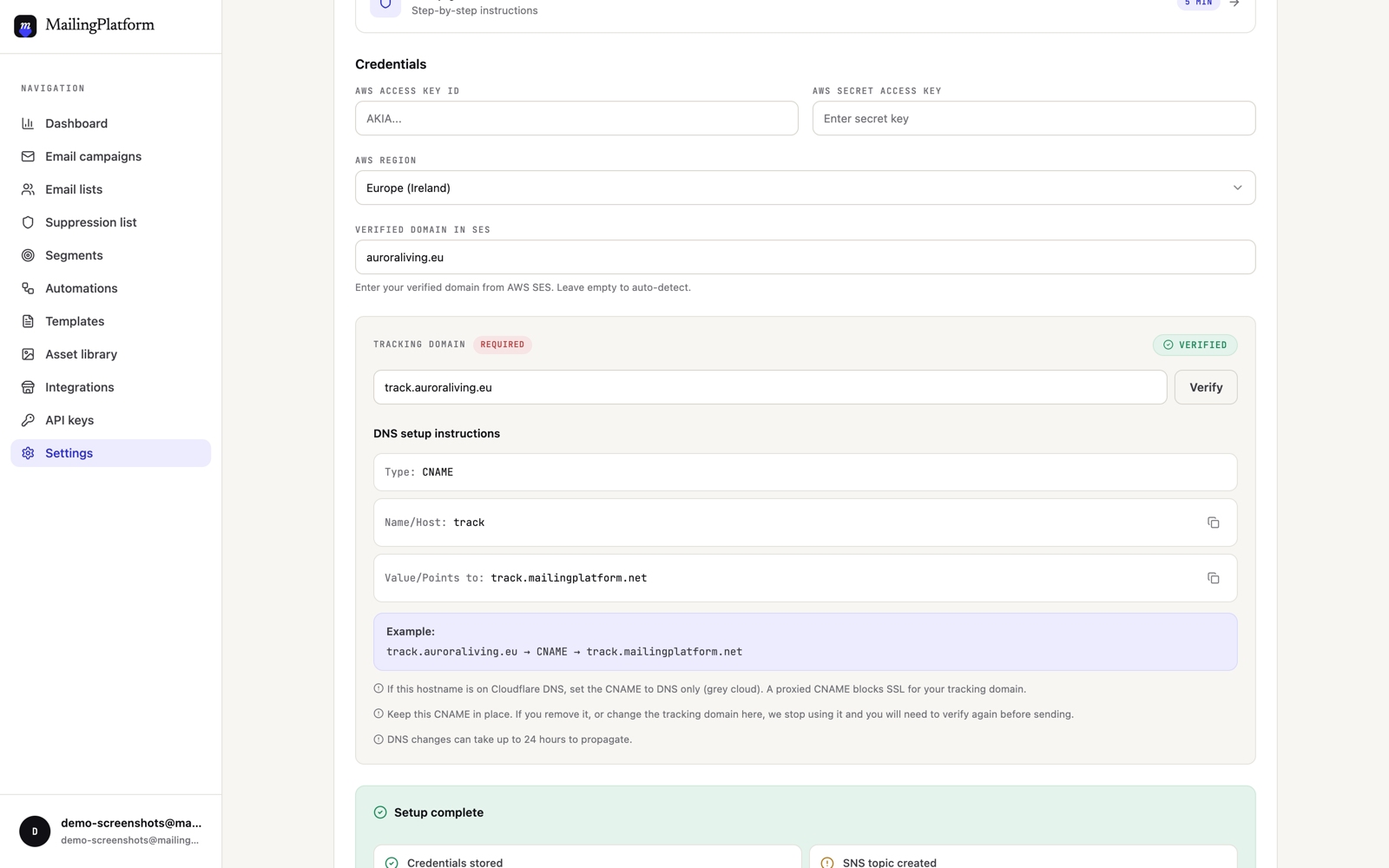 The domain authentication section in Settings