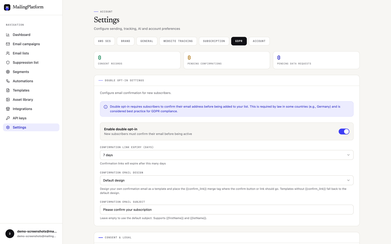 The double opt-in settings under Settings, GDPR